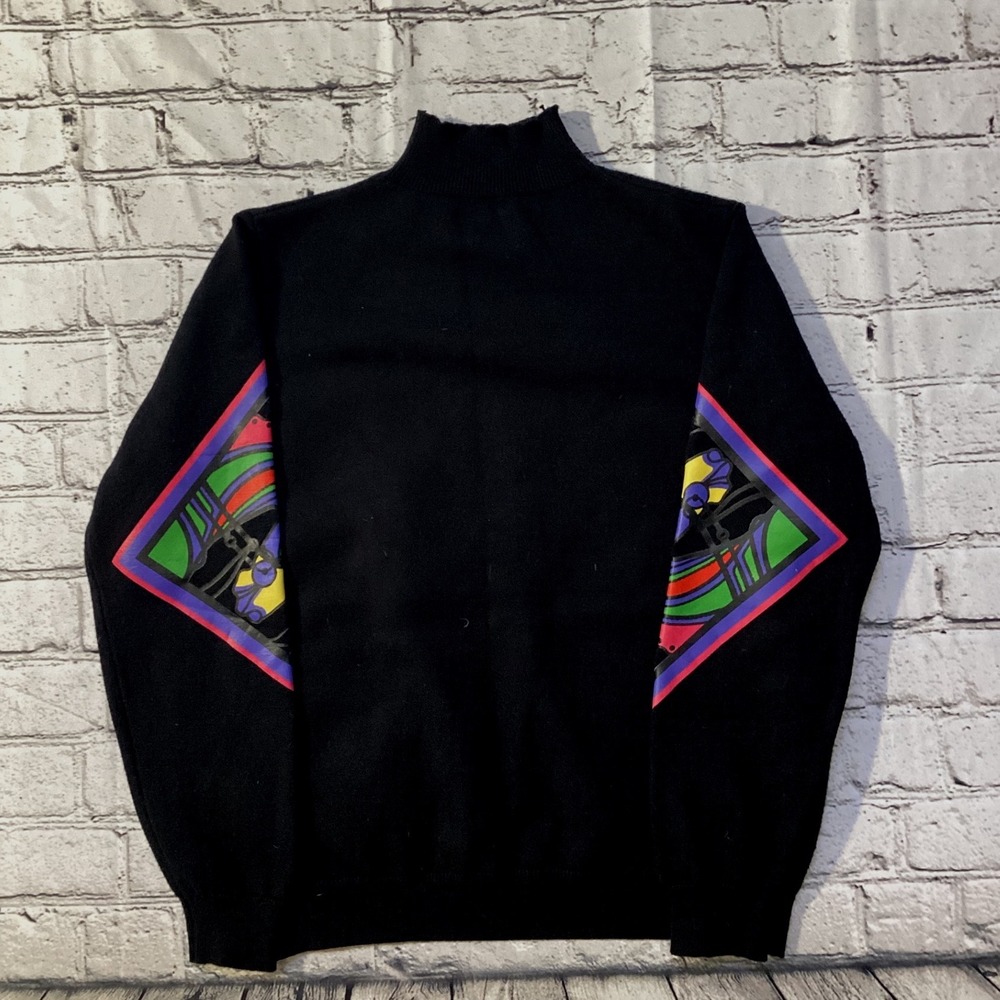 Hardy Amies Vintage Abstract Horse Graphic Mock Neck Sweater Black Multi Color - Picture 2 of 4